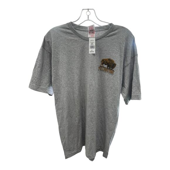 NWT Bayside Gray L Double Side Yellowstone National Park Buffalo Geyser T-Shirt - Picture 1 of 6